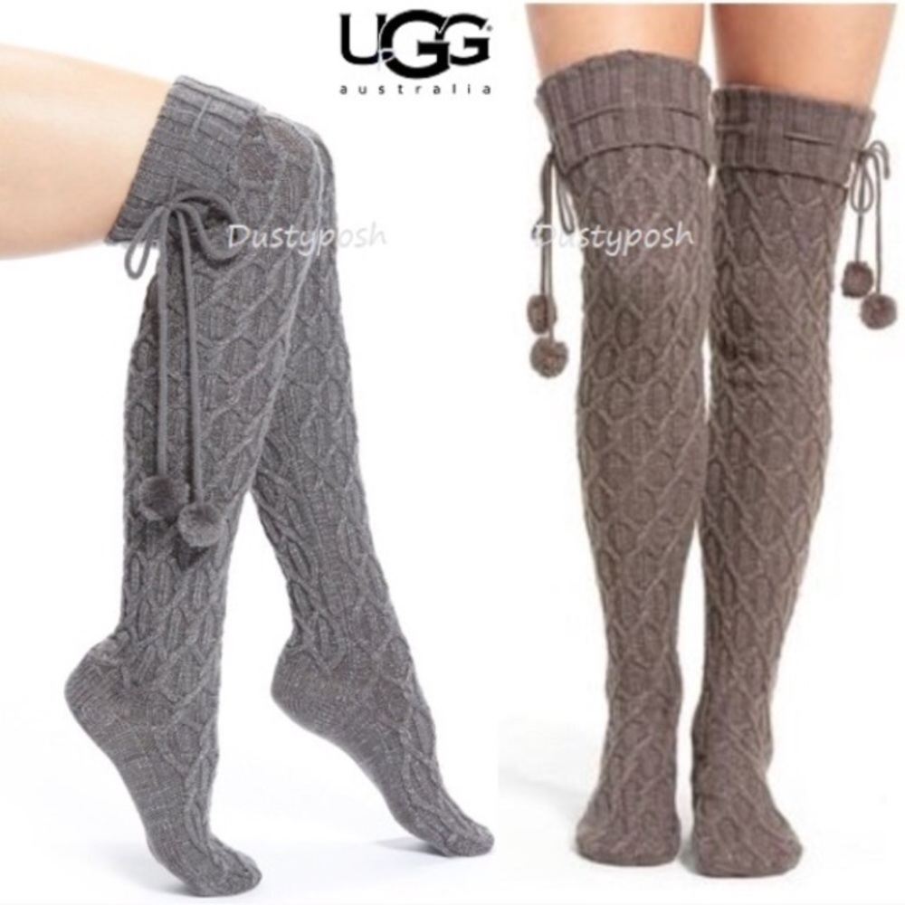 UGG Cable Pom Pom Over Knee Thigh High Socks Boot - Picture 2 of 11